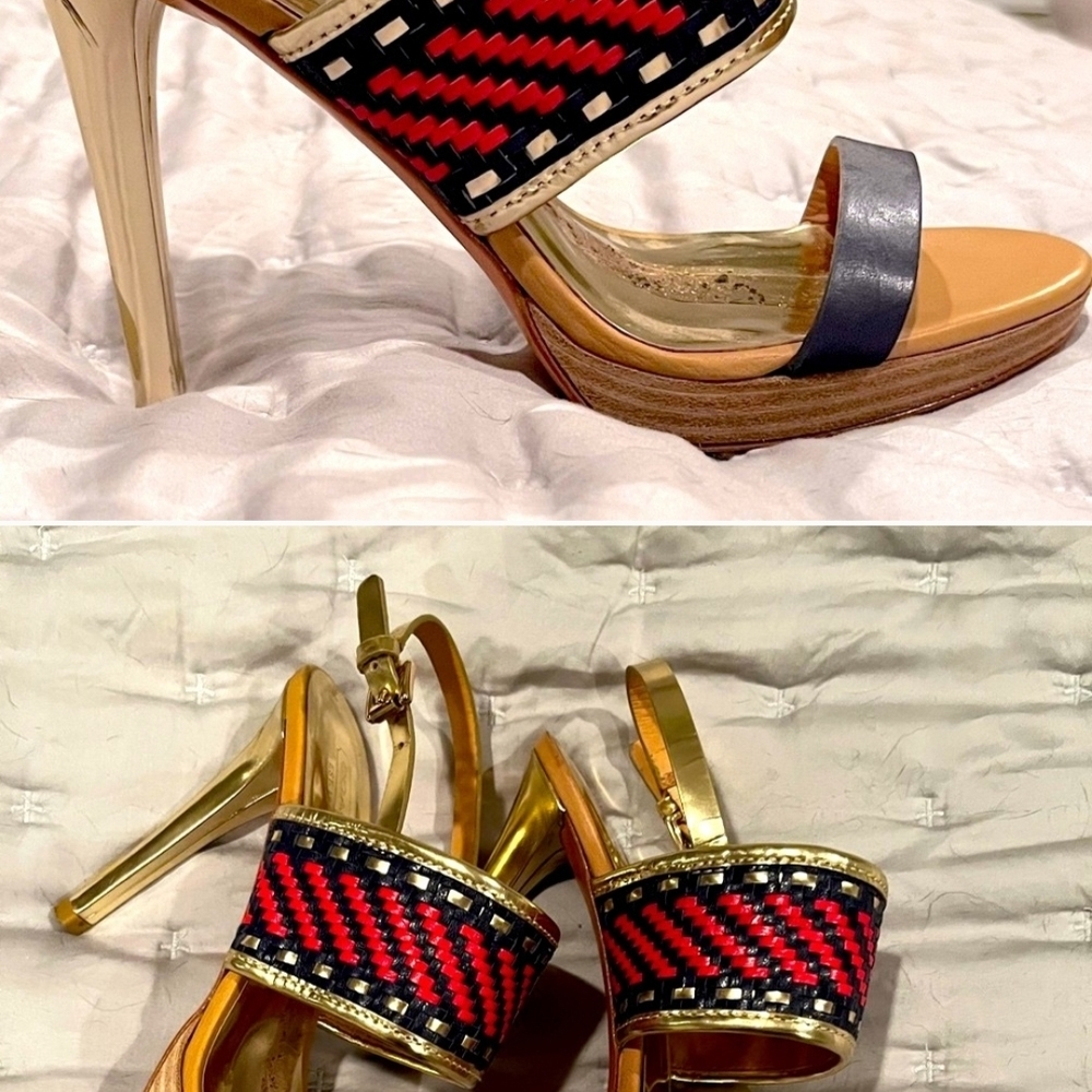 Coach Gold and Red Heels with Metallic Ankle Strap